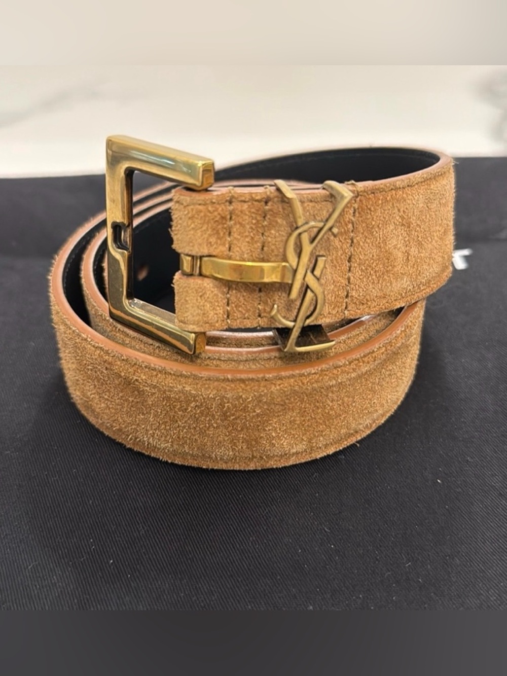 Saint Laurent Tan Suede Belt with Gold YSL Buckle Size 75